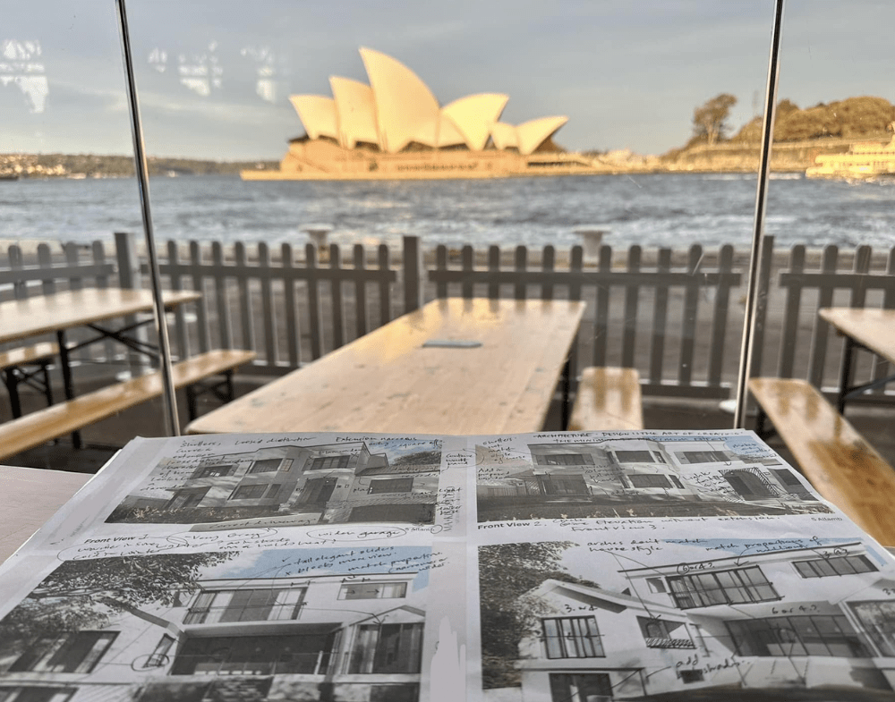 Eternas Home design sketches with Opera house in background