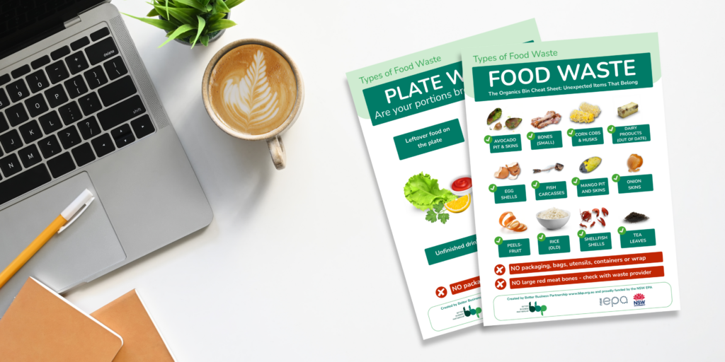 Food waste downloadable A4 print out PDFs with coffee and laptop