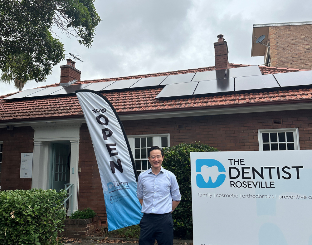 The Dentist Roseville front of building with solar panels on roof